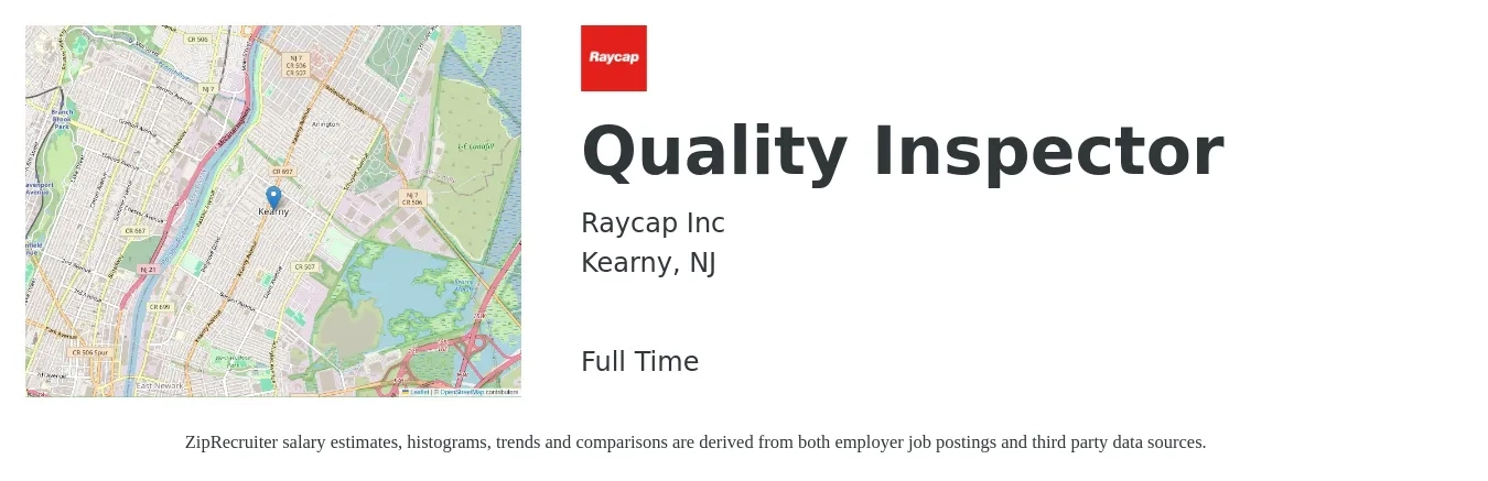 Raycap Inc job posting for a Quality Inspector in Kearny, NJ with a salary of $18 to $25 Hourly with a map of Kearny location.