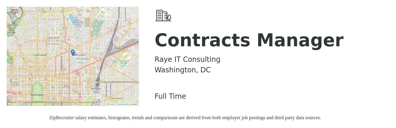 Raye IT Consulting job posting for a Contracts Manager in Washington, DC with a salary of $100,800 to $134,800 Yearly with a map of Washington location.