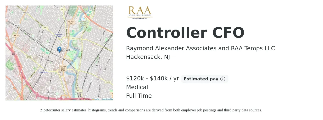 Raymond Alexander Associates and RAA Temps LLC job posting for a Controller CFO in Hackensack, NJ with a salary of $120,000 to $140,000 Yearly and benefits including retirement, medical, and pto with a map of Hackensack location.