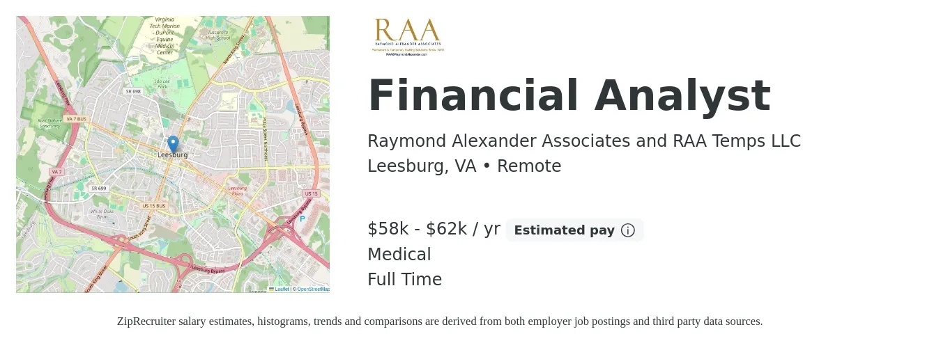 Raymond Alexander Associates and RAA Temps LLC job posting for a Financial Analyst in Leesburg, VA with a salary of $58,000 to $62,000 Yearly and benefits including retirement, medical, and pto with a map of Leesburg location.