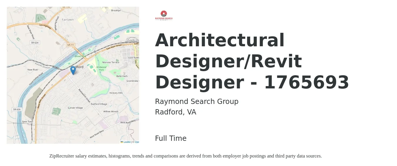 Raymond Search Group job posting for a Architectural Designer/Revit Designer - 1765693 in Radford, VA with a salary of $57,000 to $80,700 Yearly with a map of Radford location.