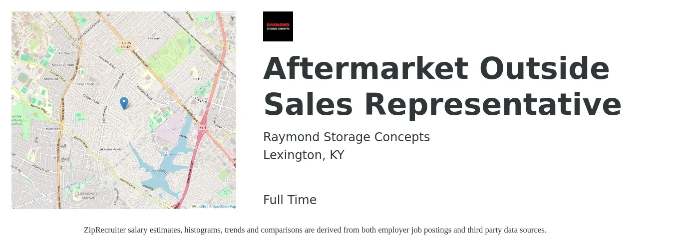 Raymond Storage Concepts job posting for a Aftermarket Outside Sales Representative in Lexington, KY with a salary of $51,700 to $88,700 Yearly with a map of Lexington location.