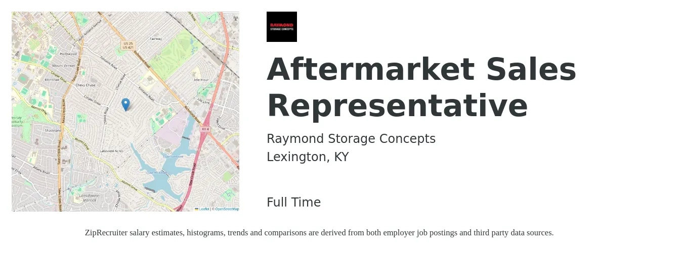 Raymond Storage Concepts job posting for a Aftermarket Sales Representative in Lexington, KY with a salary of $52,700 to $91,700 Yearly with a map of Lexington location.