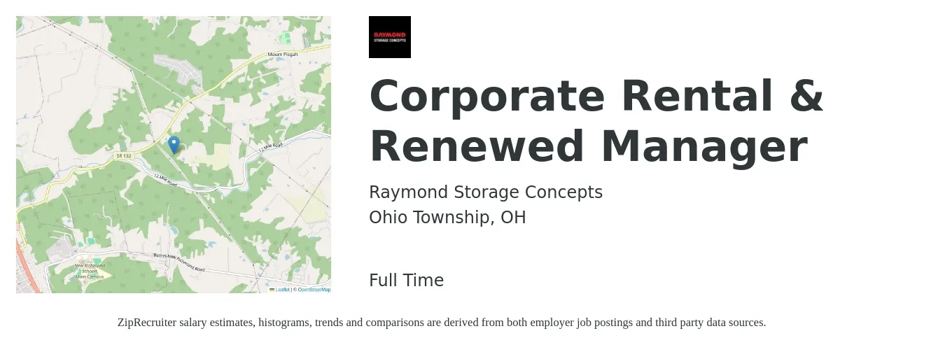 Raymond Storage Concepts job posting for a Corporate Rental & Renewed Manager in Ohio Township, OH with a salary of $43,400 to $60,800 Yearly with a map of Ohio Township location.