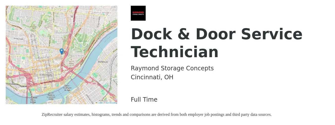 Raymond Storage Concepts job posting for a Dock & Door Service Technician in Cincinnati, OH with a salary of $19 to $27 Hourly with a map of Cincinnati location.