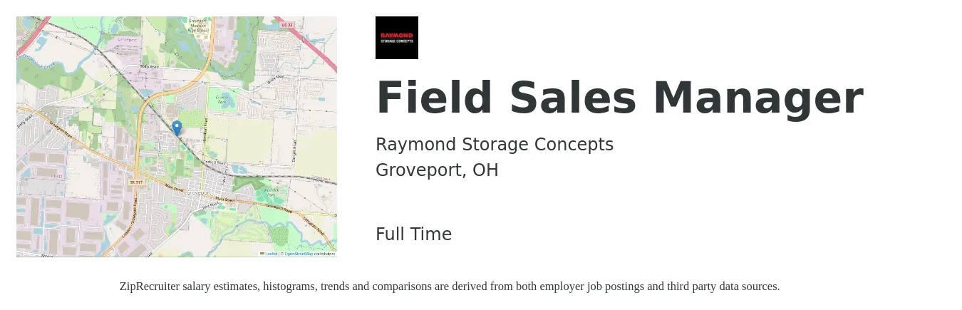 Raymond Storage Concepts job posting for a Field Sales Manager in Groveport, OH with a salary of $54,500 to $77,800 Yearly with a map of Groveport location.