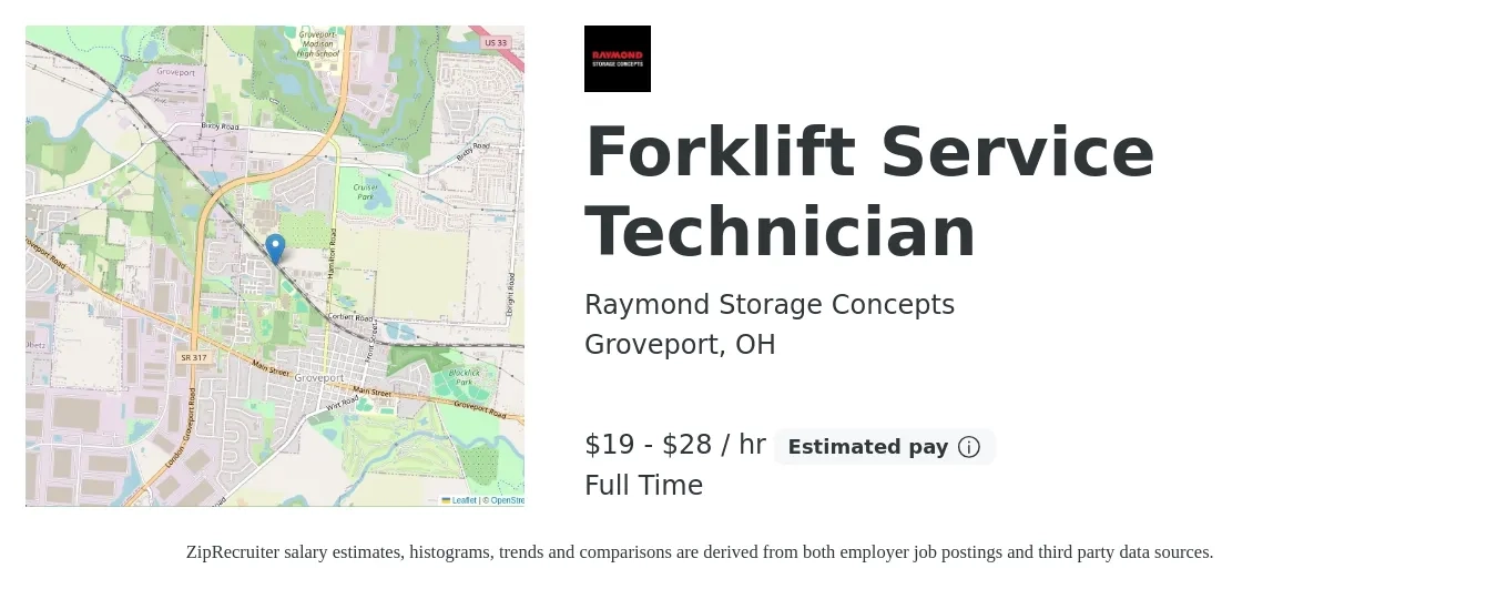 Raymond Storage Concepts job posting for a Forklift Service Technician in Groveport, OH with a salary of $20 to $30 Hourly with a map of Groveport location.