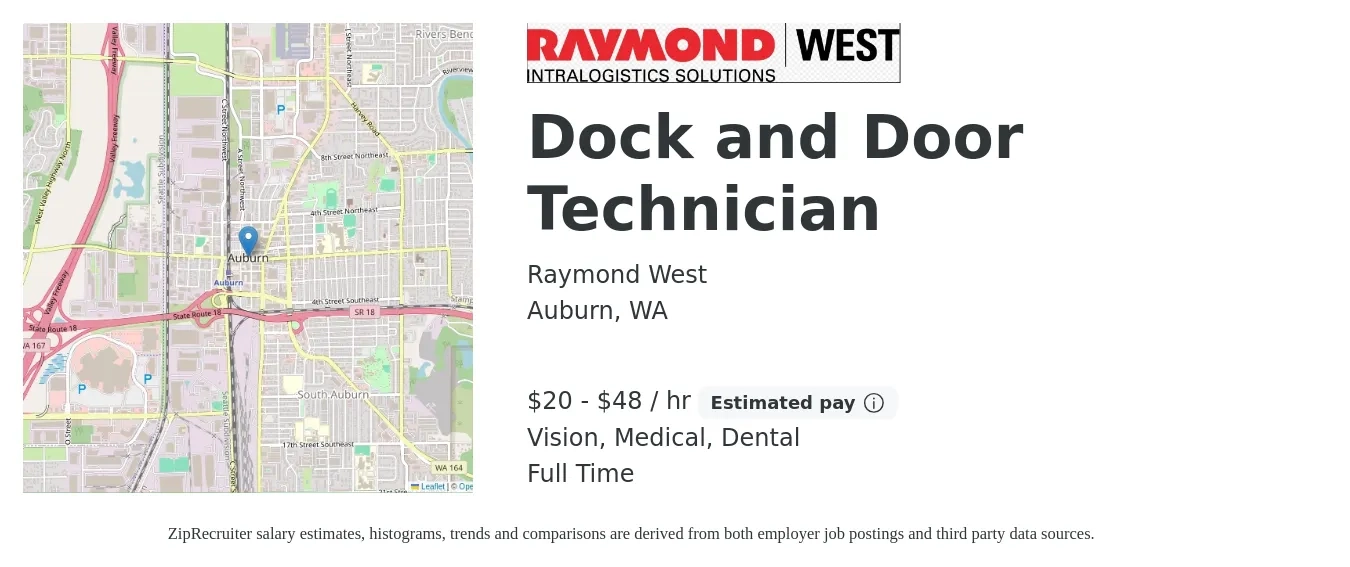 Raymond West job posting for a Dock and Door Technician in Auburn, WA with a salary of $22 to $51 Hourly and benefits including medical, pto, retirement, vision, dental, and life_insurance with a map of Auburn location.
