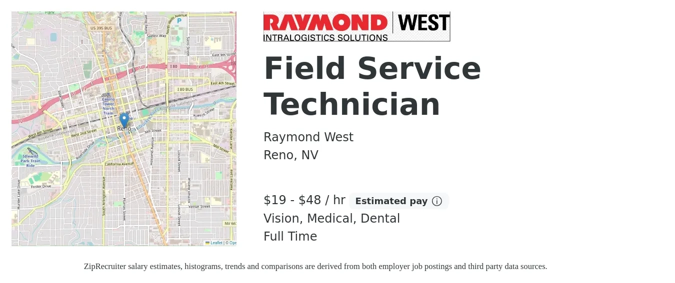 Raymond West job posting for a Field Service Technician in Reno, NV with a salary of $21 to $51 Hourly and benefits including dental, life_insurance, medical, retirement, and vision with a map of Reno location.
