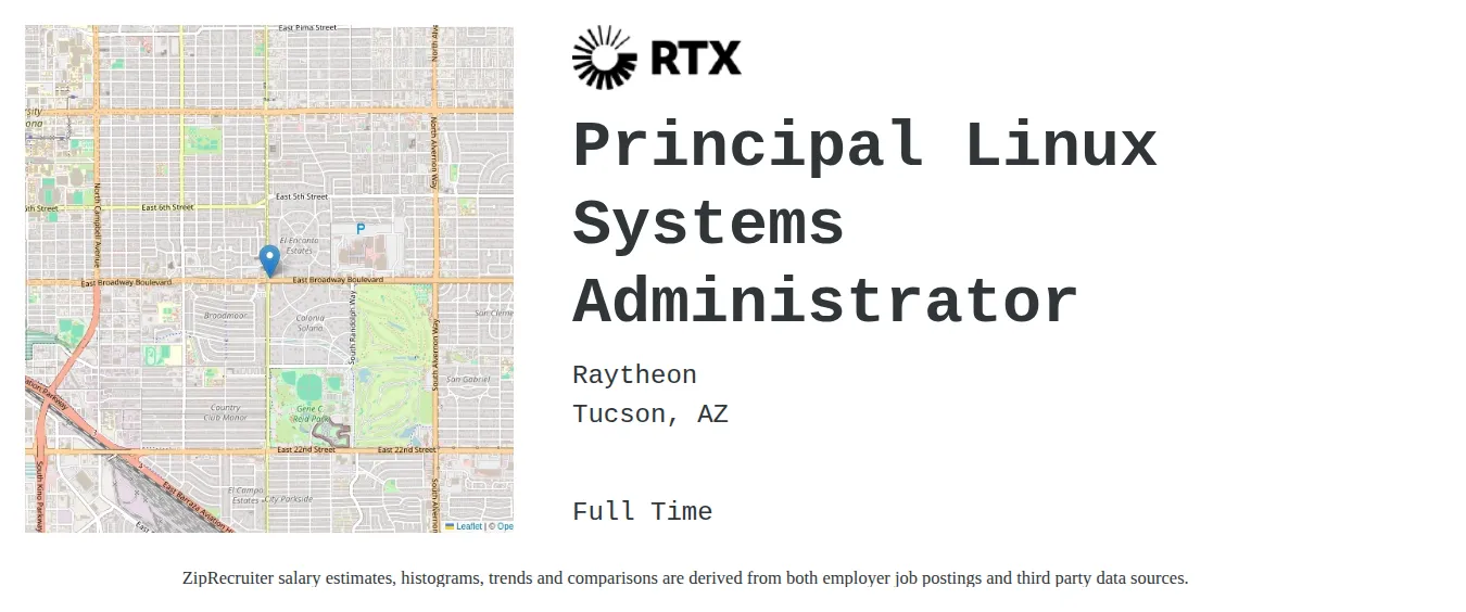 Raytheon Technologies job posting for a Principal Linux Systems Administrator in Tucson, AZ with a salary of $41 to $62 Hourly and benefits including Medical, Vision, Dental, PTO, Life, and Retirement with a map of Tucson location.