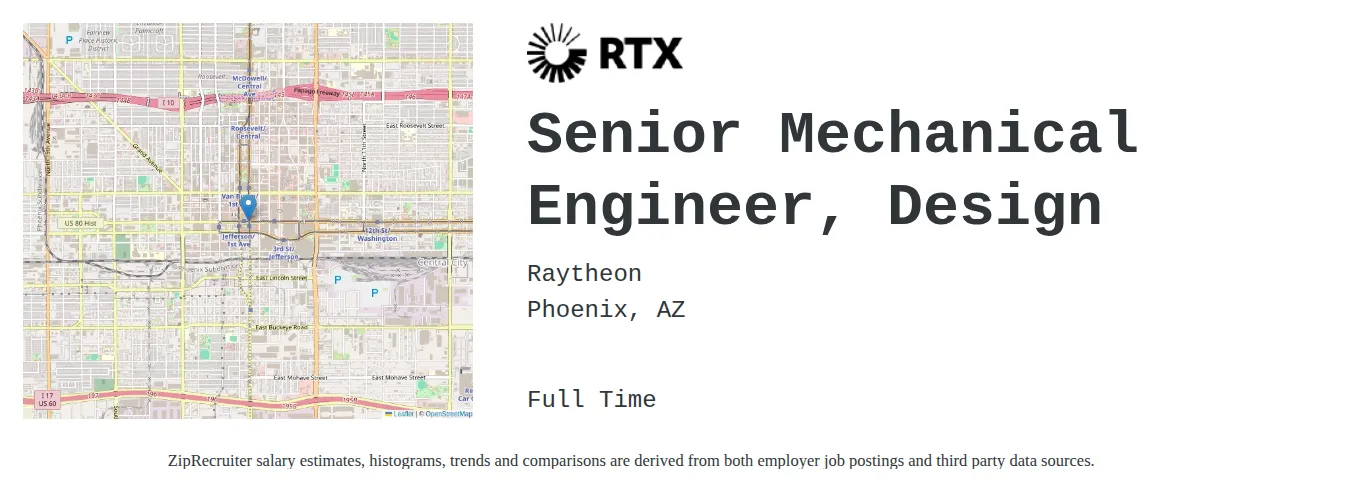 Raytheon job posting for a Senior Mechanical Engineer, Design in Phoenix, AZ with a salary of $89,400 to $123,100 Annually and benefits including Medical, Vision, Dental, PTO, Life, and Retirement with a map of Phoenix location.