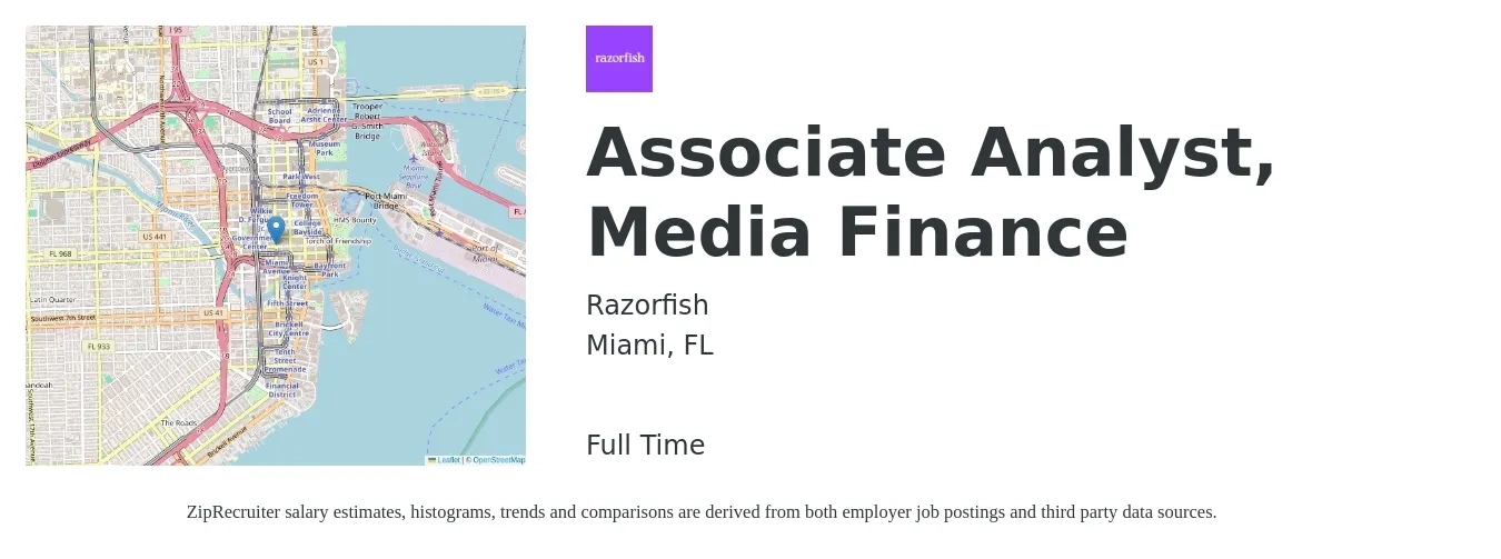 Razorfish job posting for a Associate Analyst, Media Finance in Miami, FL with a salary of $49,000 to $68,500 Yearly with a map of Miami location.