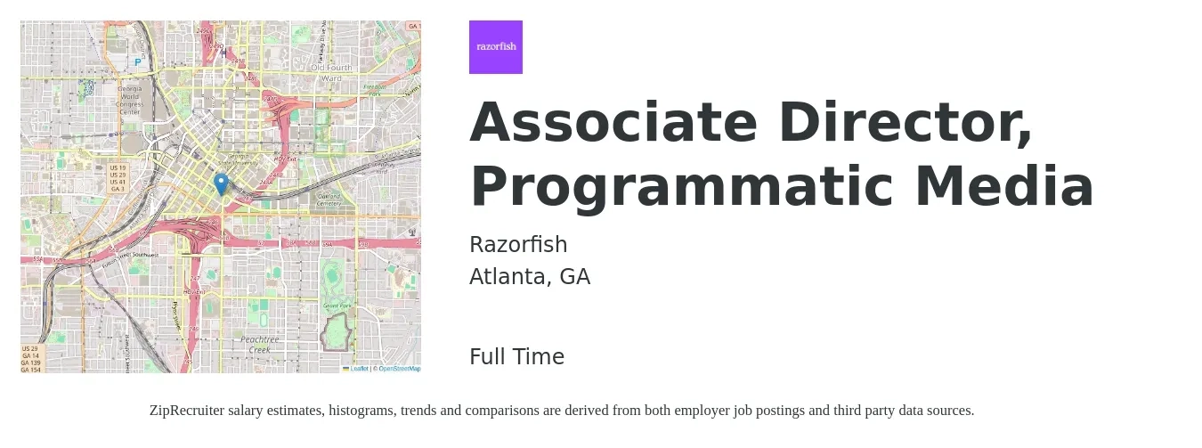 Razorfish job posting for a Associate Director, Programmatic Media in Atlanta, GA with a salary of $81,700 to $118,300 Yearly with a map of Atlanta location.