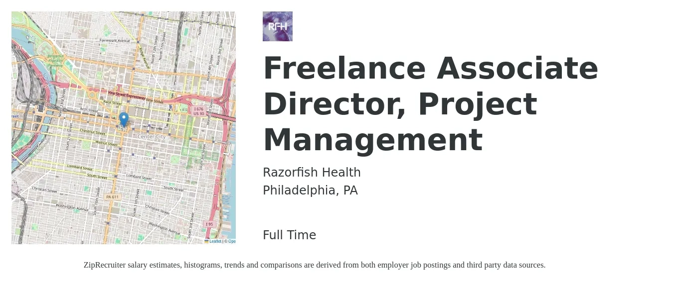Razorfish Health job posting for a Freelance Associate Director, Project Management in Philadelphia, PA with a salary of $122,600 to $201,800 Yearly with a map of Philadelphia location.