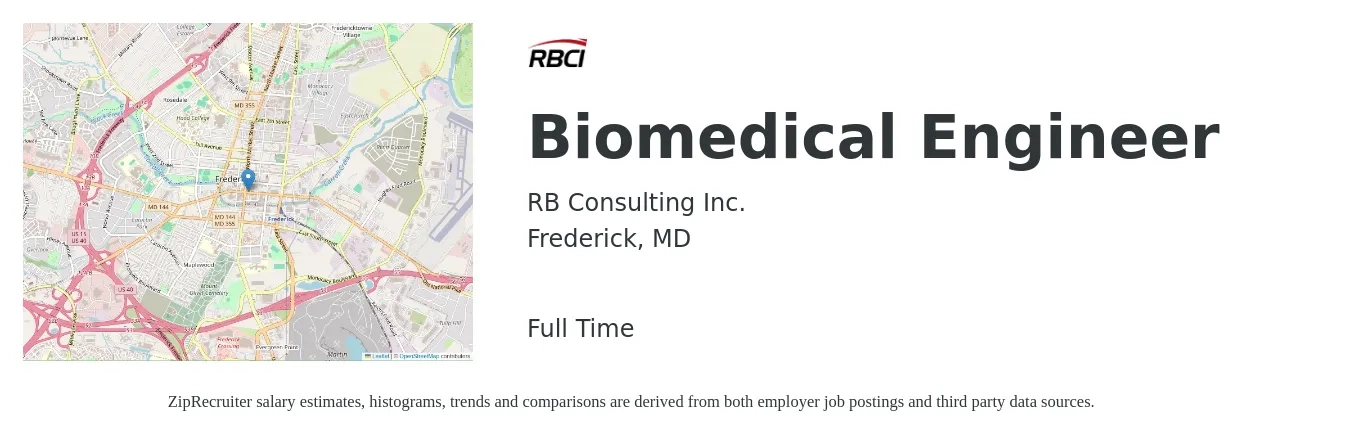 RB Consulting Inc. job posting for a Biomedical Engineer in Frederick, MD with a salary of $74,100 to $115,300 Yearly with a map of Frederick location.