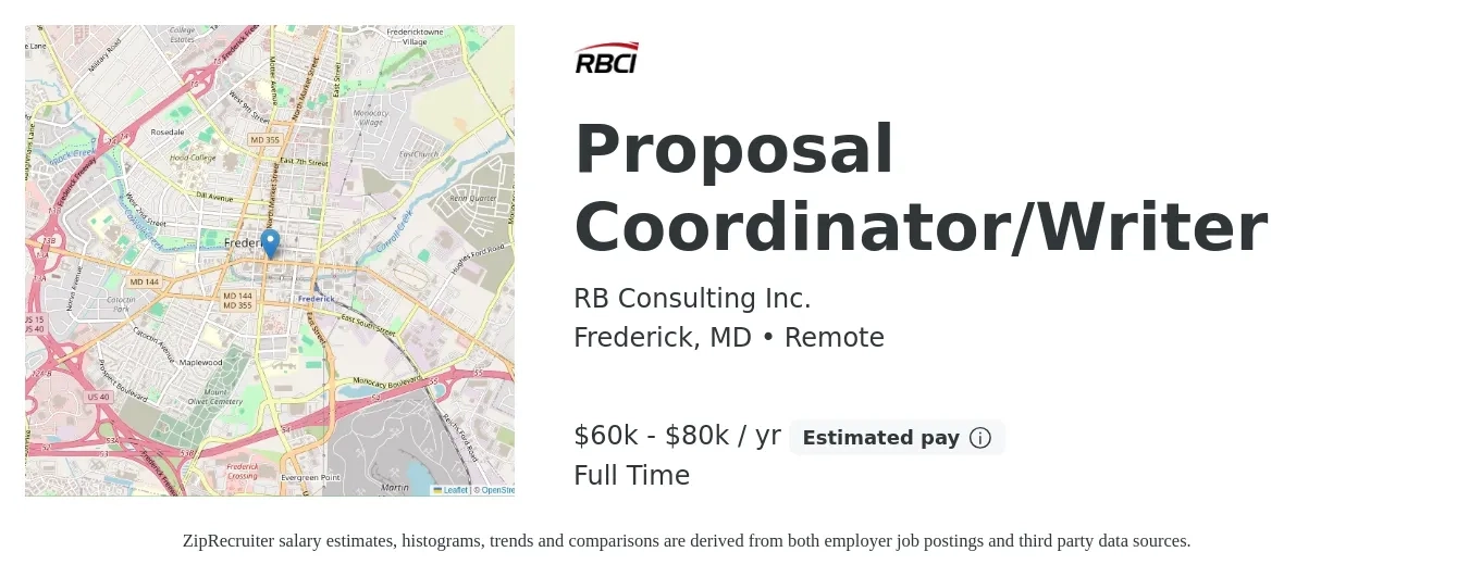RB Consulting Inc. job posting for a Proposal Coordinator/Writer in Frederick, MD with a salary of $60,000 to $80,000 Yearly with a map of Frederick location.
