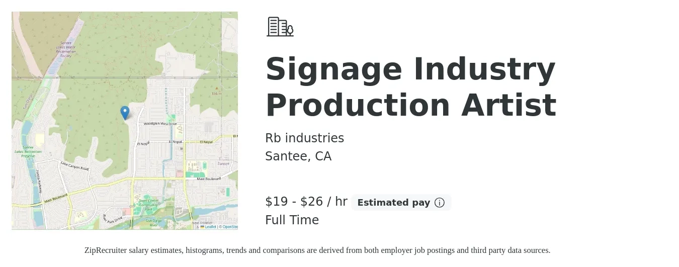 Rb industries job posting for a Signage Industry Production Artist in Santee, CA with a salary of $20 to $28 Hourly with a map of Santee location.