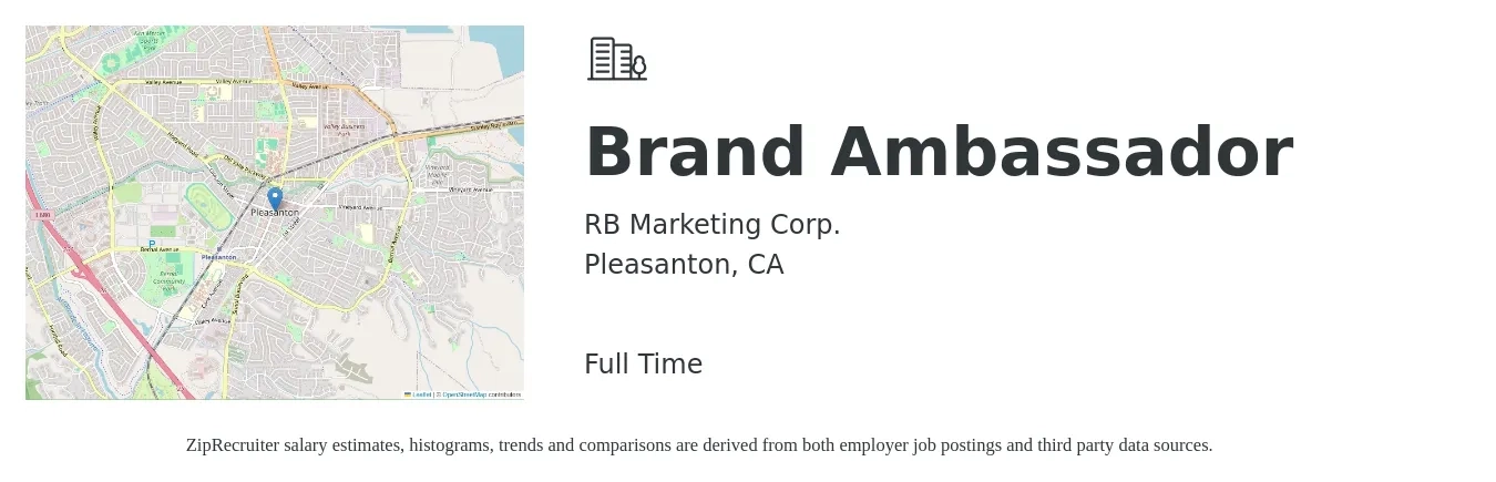 RB Marketing Corp. job posting for a Brand Ambassador in Pleasanton, CA with a salary of $19 to $27 Hourly with a map of Pleasanton location.