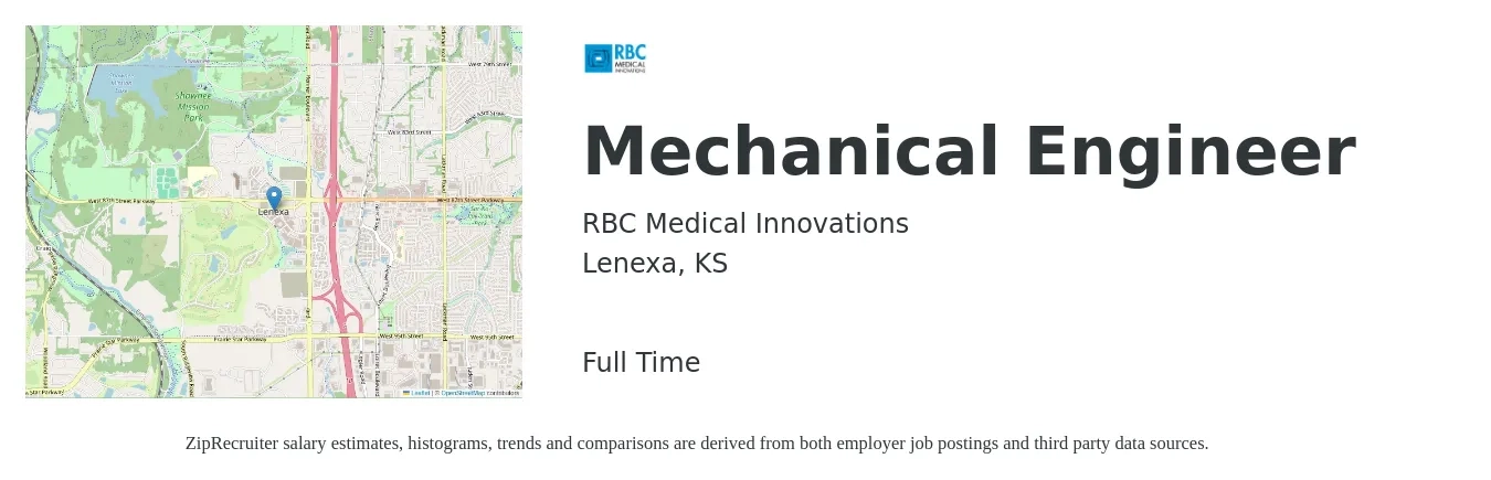 RBC Medical Innovations job posting for a Mechanical Engineer in Lenexa, KS with a salary of $76,500 to $118,700 Yearly with a map of Lenexa location.