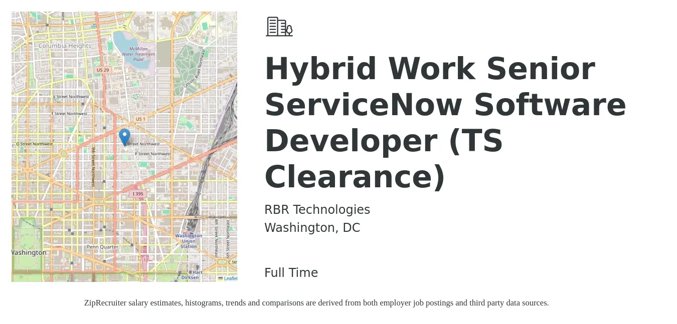 RBR Technologies job posting for a Hybrid Work Senior ServiceNow Software Developer (TS Clearance) in Washington, DC with a salary of $61 to $84 Hourly with a map of Washington location.