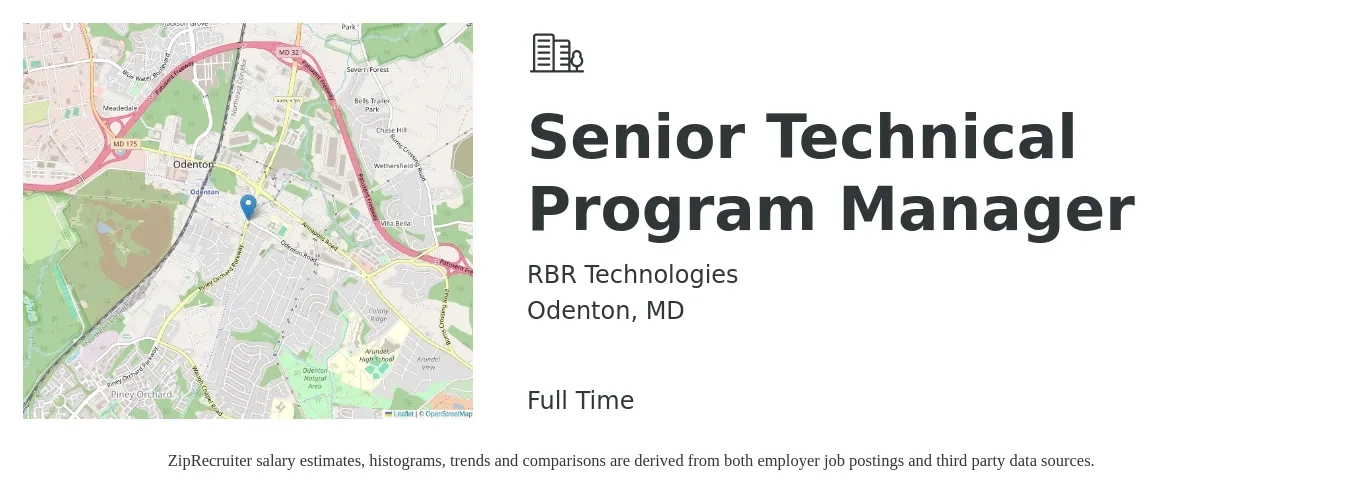 RBR Technologies job posting for a Senior Technical Program Manager in Odenton, MD with a salary of $129,900 to $192,400 Yearly with a map of Odenton location.