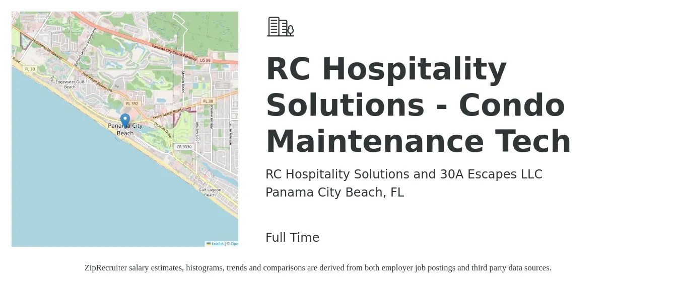 RC Hospitality Solutions and 30A Escapes LLC job posting for a RC Hospitality Solutions - Condo Maintenance Tech in Panama City Beach, FL with a salary of $17 to $24 Hourly with a map of Panama City Beach location.