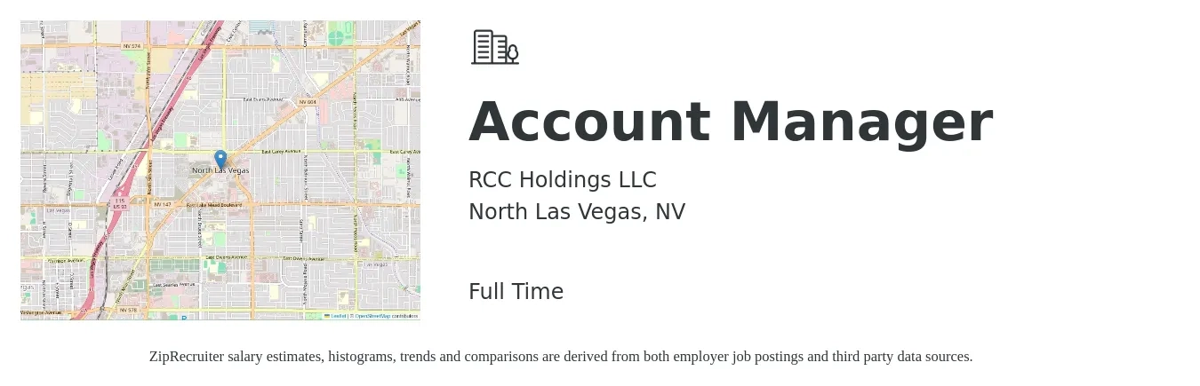 RCC Holdings LLC job posting for a Account Manager in North Las Vegas, NV with a salary of $44,600 to $73,000 Yearly with a map of North Las Vegas location.