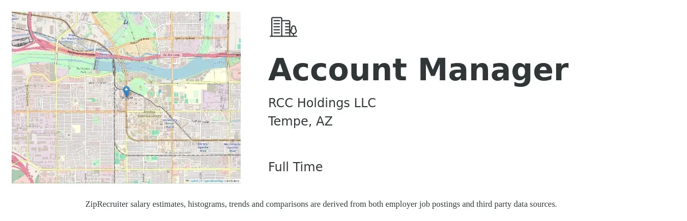 RCC Holdings LLC job posting for a Account Manager in Tempe, AZ with a salary of $46,600 to $76,300 Yearly with a map of Tempe location.