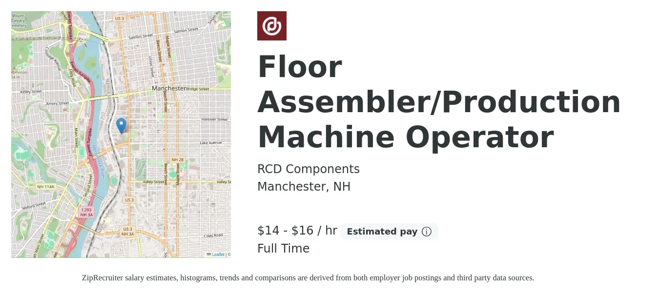 RCD Components job posting for a Floor Assembler/Production Machine Operator in Manchester, NH with a salary of $15 to $17 Hourly with a map of Manchester location.
