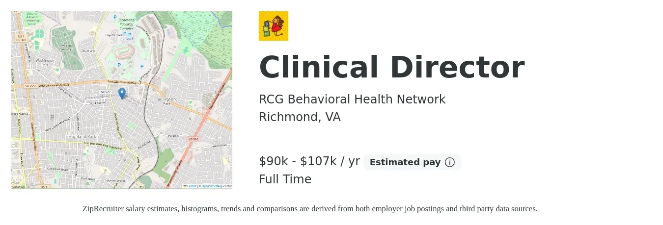 RCG Behavioral Health Network job posting for a Clinical Director in Richmond, VA with a salary of $90,000 to $107,000 Yearly with a map of Richmond location.