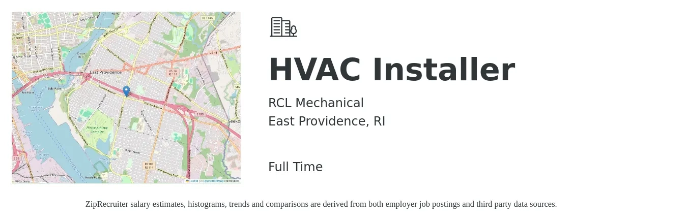RCL Mechanical job posting for a HVAC Installer in East Providence, RI with a salary of $30 to $45 Hourly with a map of East Providence location.