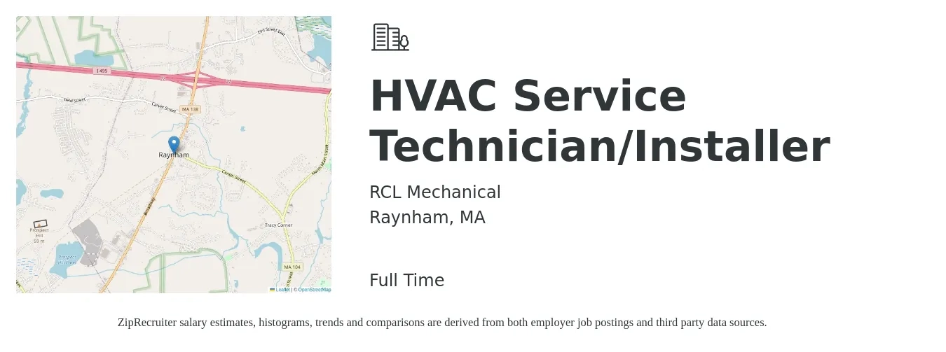 RCL Mechanical job posting for a HVAC Service Technician/Installer in Raynham, MA with a salary of $30 to $48 Hourly with a map of Raynham location.