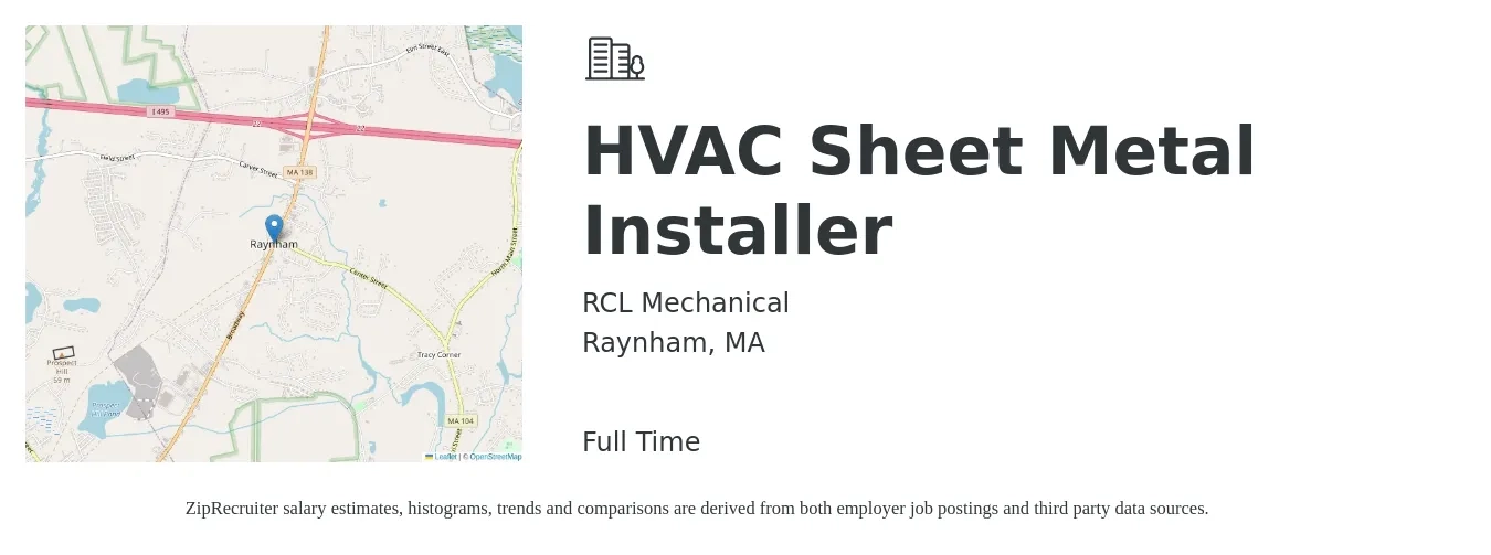 RCL Mechanical job posting for a HVAC Sheet Metal Installer in Raynham, MA with a salary of $25 to $48 Hourly with a map of Raynham location.