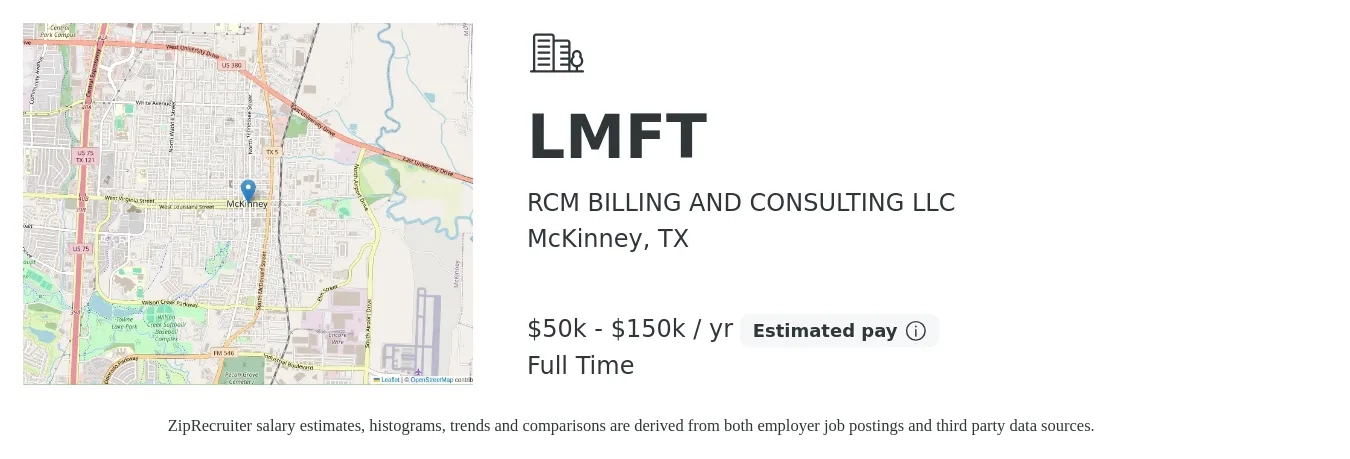 RCM BILLING AND CONSULTING LLC job posting for a LMFT in McKinney, TX with a salary of $50,000 to $150,000 Yearly with a map of McKinney location.