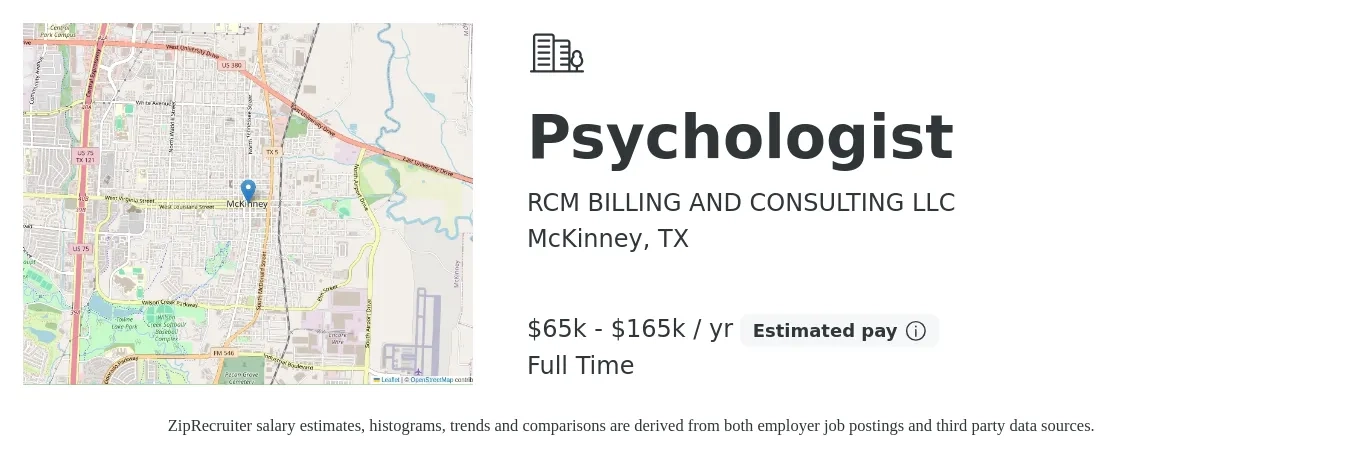 RCM BILLING AND CONSULTING LLC job posting for a Psychologist in McKinney, TX with a salary of $65,000 to $165,000 Yearly with a map of McKinney location.