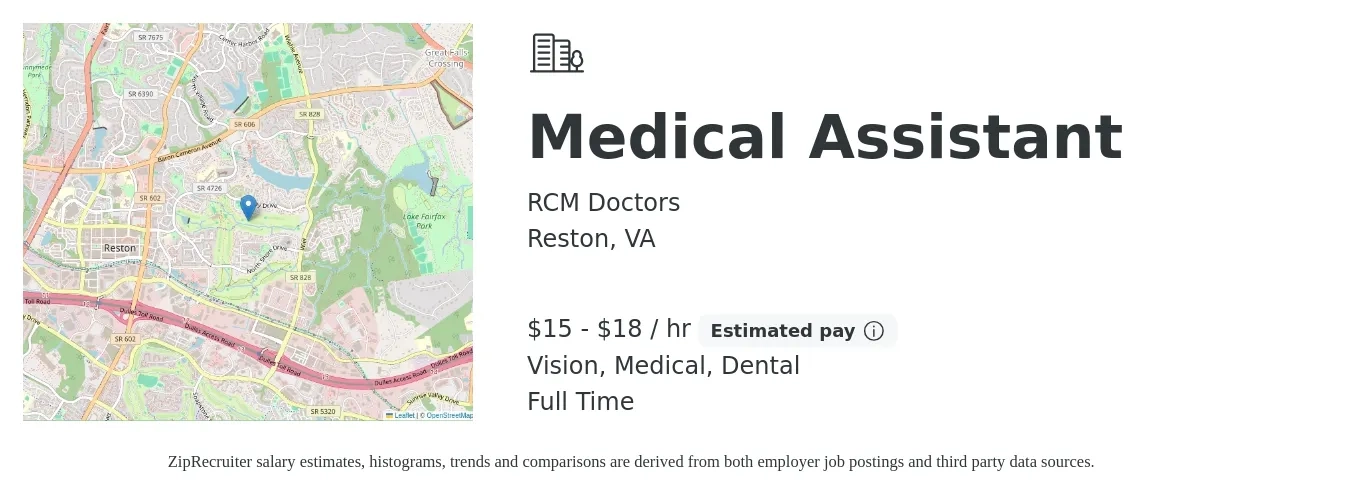 RCM Doctors job posting for a Medical Assistant in Reston, VA with a salary of $16 to $19 Hourly and benefits including medical, pto, vision, dental, and life_insurance with a map of Reston location.