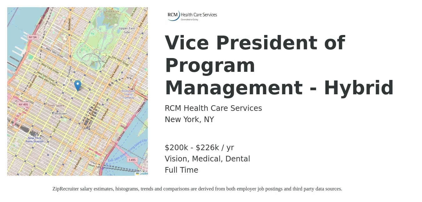 RCM Health Care Services job posting for a Vice President of Program Management - Hybrid in New York, NY with a salary of $200,000 to $226,000 Yearly and benefits including medical, retirement, vision, dental, and life_insurance with a map of New York location.