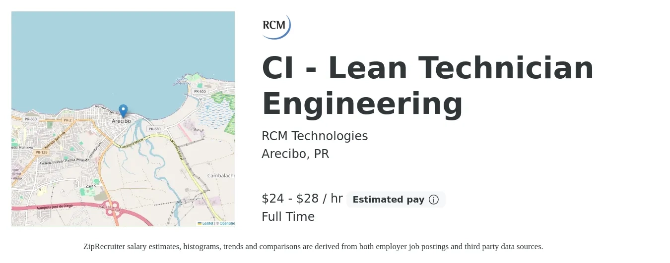 RCM Technologies job posting for a CI - Lean Technician Engineering in Arecibo, PR with a salary of $25 to $30 Hourly with a map of Arecibo location.