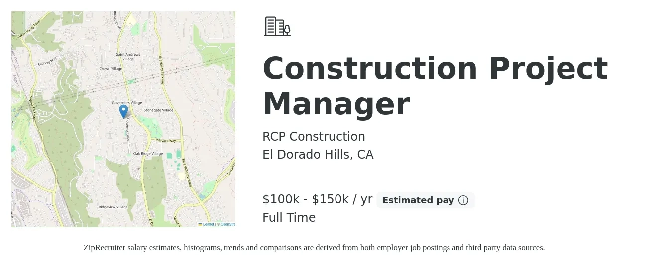 RCP Construction job posting for a Construction Project Manager in El Dorado Hills, CA with a salary of $100,000 to $150,000 Yearly with a map of El Dorado Hills location.