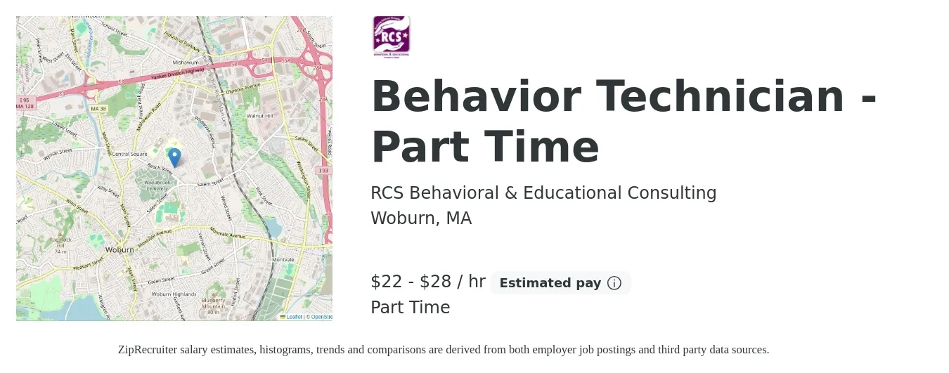 RCS Behavioral & Educational Consulting job posting for a Behavior Technician - Part Time in Woburn, MA with a salary of $23 to $30 Hourly with a map of Woburn location.