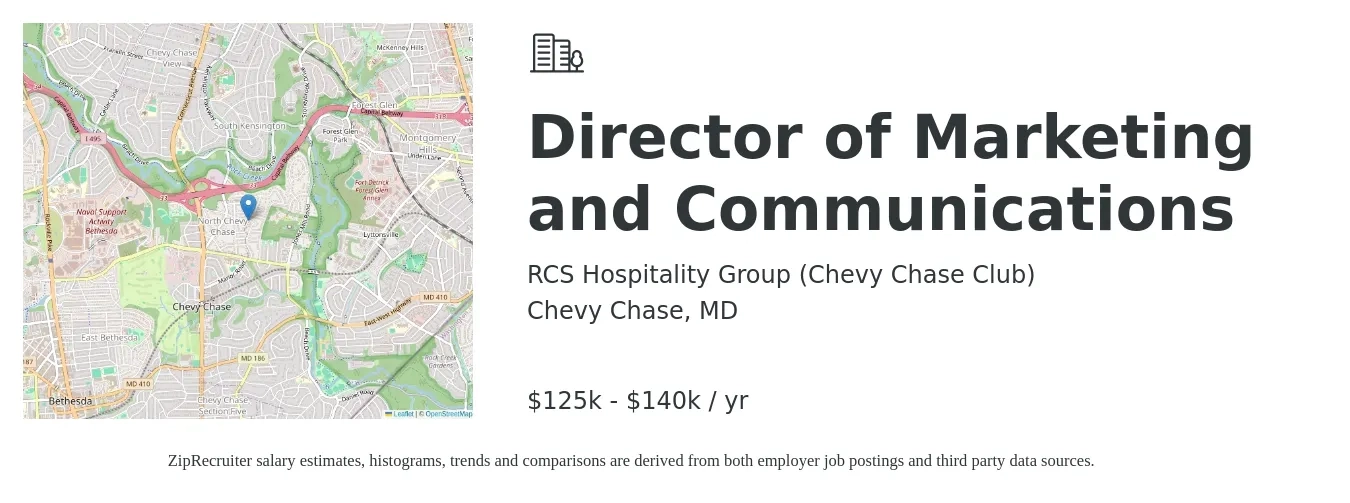 RCS Hospitality Group (Chevy Chase Club) job posting for a Director of Marketing and Communications in Chevy Chase, MD with a salary of $125,000 to $140,000 Yearly with a map of Chevy Chase location.