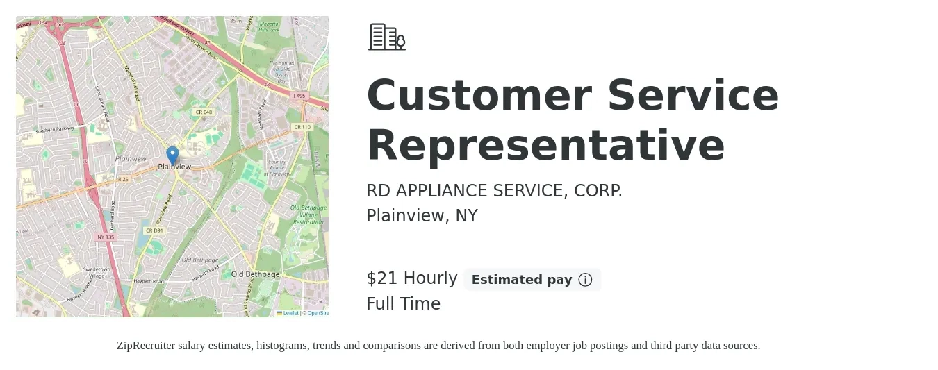 RD APPLIANCE SERVICE, CORP. job posting for a Customer Service Representative in Plainview, NY with a salary of $22 Hourly with a map of Plainview location.