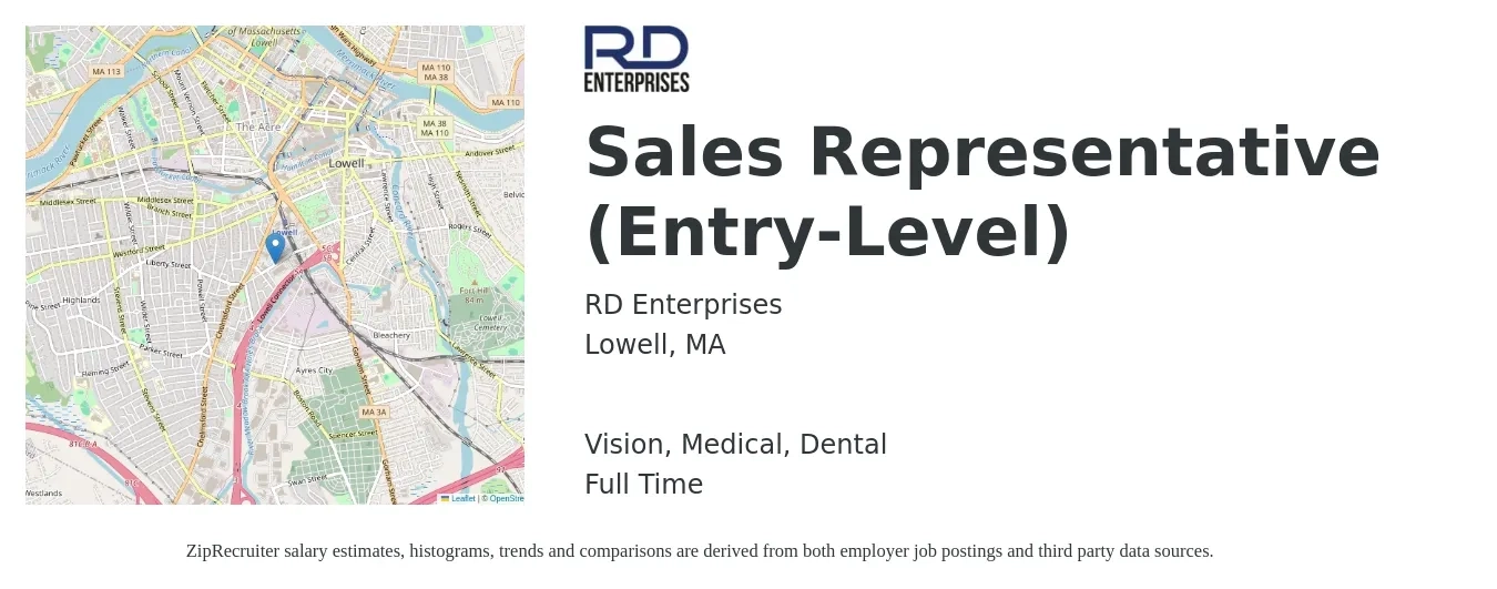 RD Enterprises job posting for a Sales Representative (Entry-Level) in Lowell, MA with a salary of $46,600 to $74,900 Yearly and benefits including life_insurance, medical, retirement, vision, and dental with a map of Lowell location.