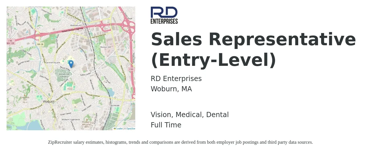 RD Enterprises job posting for a Sales Representative (Entry-Level) in Woburn, MA with a salary of $51,400 to $82,600 Yearly and benefits including dental, life_insurance, medical, retirement, and vision with a map of Woburn location.