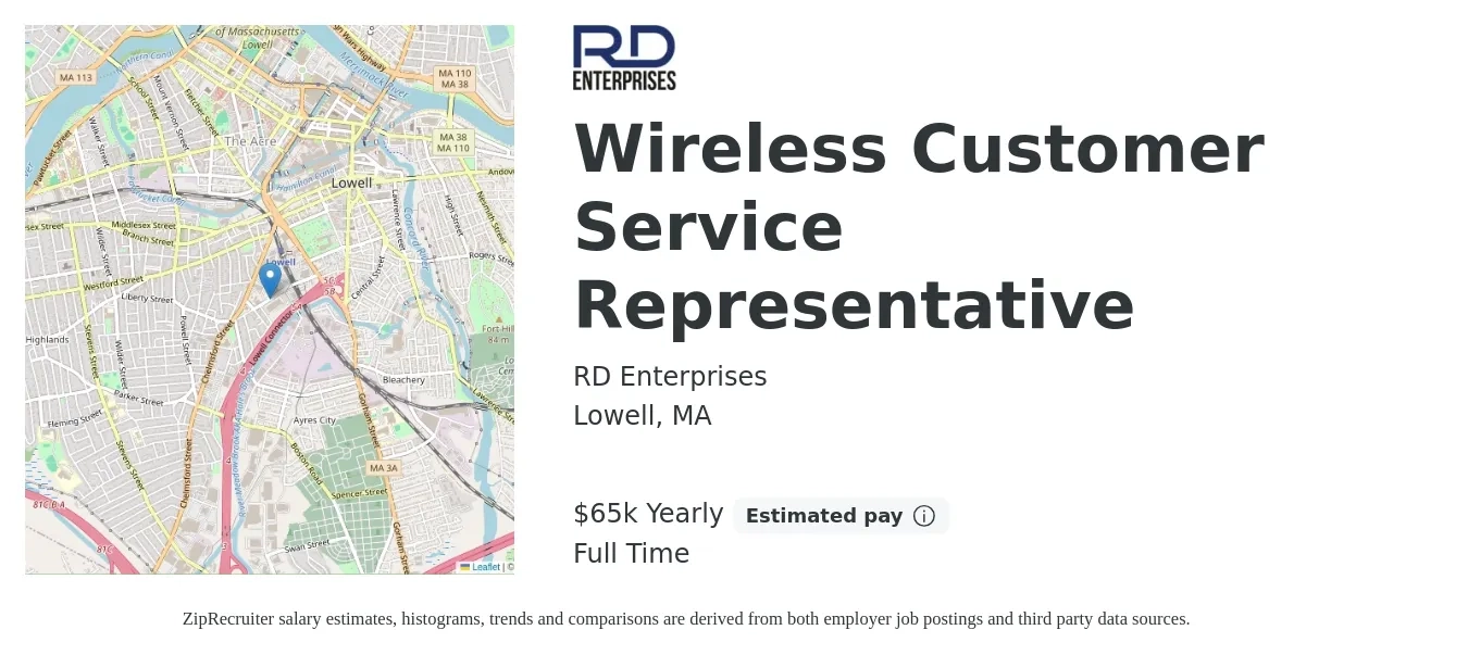 RD Enterprises job posting for a Wireless Customer Service Representative in Lowell, MA with a salary of $65,000 Yearly with a map of Lowell location.