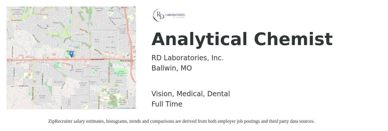 RD Laboratories, Inc. job posting for a Analytical Chemist in Ballwin, MO with a salary of $25 to $36 Hourly and benefits including dental, life_insurance, medical, pto, retirement, and vision with a map of Ballwin location.