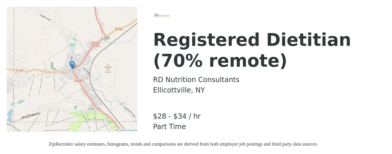 RD Nutrition Consultants job posting for a Registered Dietitian (70% remote) in Ellicottville, NY with a salary of $30 to $36 Hourly with a map of Ellicottville location.