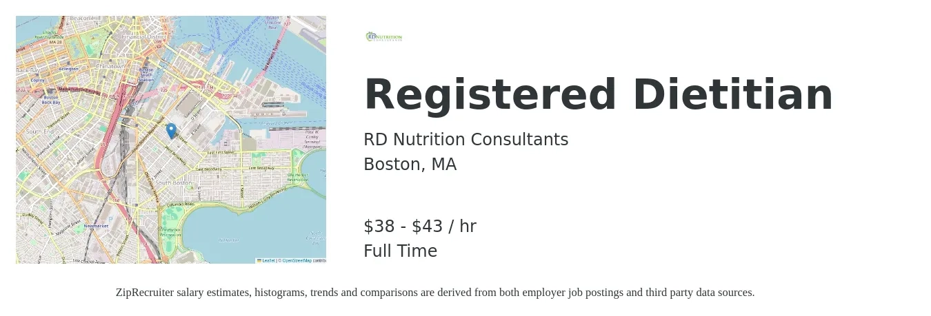 RD Nutrition Consultants job posting for a Registered Dietitian in Boston, MA with a salary of $40 to $45 Hourly with a map of Boston location.