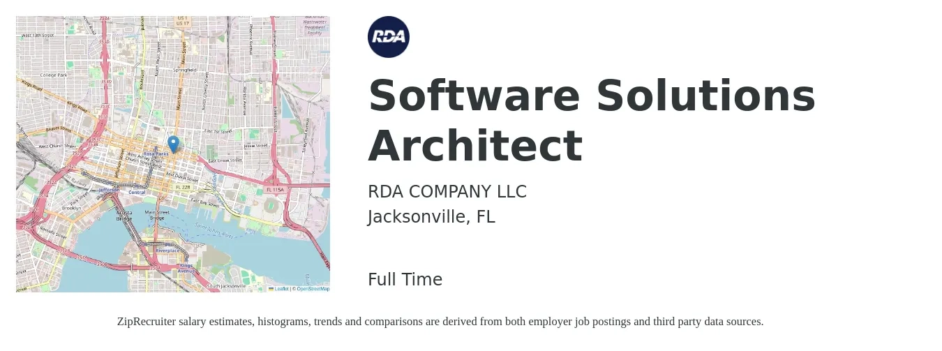 RDA COMPANY LLC job posting for a Software Solutions Architect in Jacksonville, FL with a salary of $113,500 to $159,400 Yearly with a map of Jacksonville location.