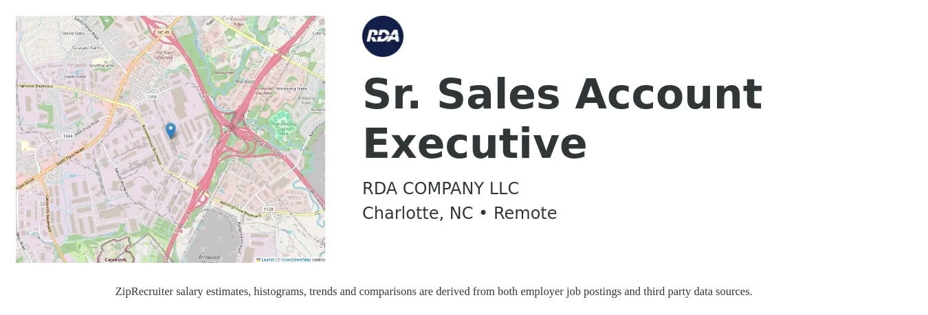 RDA COMPANY LLC job posting for a Sr. Sales Account Executive in Charlotte, NC with a salary of $75,200 to $115,300 Yearly with a map of Charlotte location.